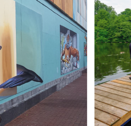 Kunstervaringen uit de regio. Een muurschildering en een theatertent op het water. Coverbeeld van de publicatie 'Meer ruimte voor cultuur'